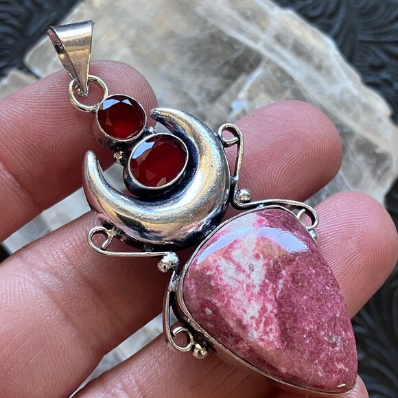 Thulite Rosaline and Garnet Witchy Mustic Lunar Crystal Stone Jewelry Pendant - Picture 6 of 7